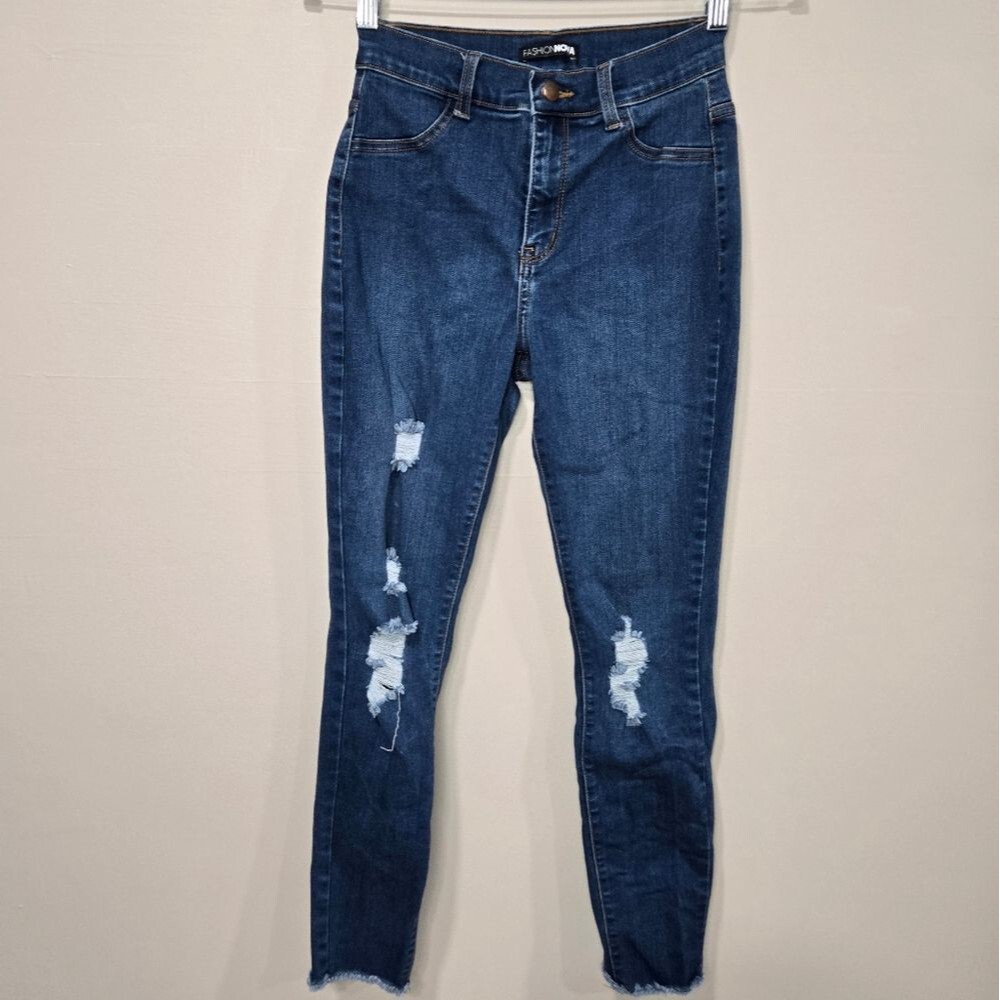 Fashion Nova Dark Blue Distressed Skinny Jeans